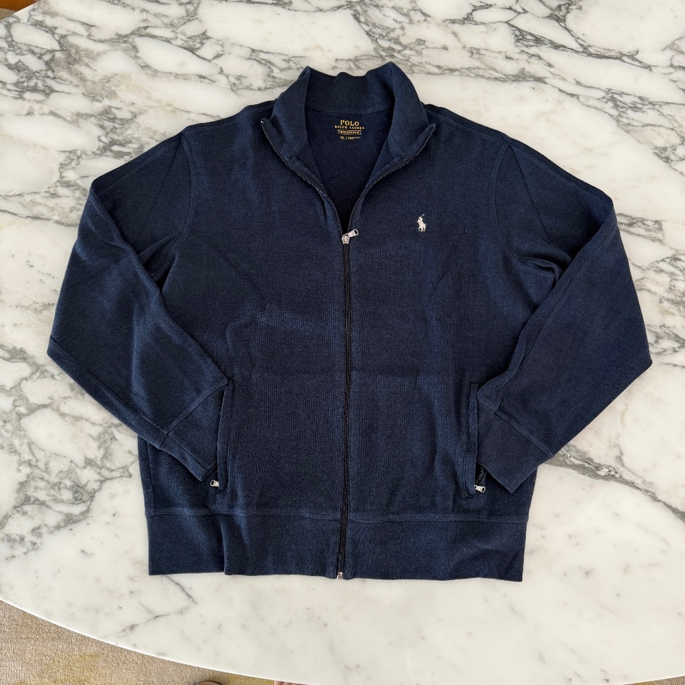 Polo Ralph Lauren Blue Cotton Men's Pullover‎ Sweater with full Zip, Large